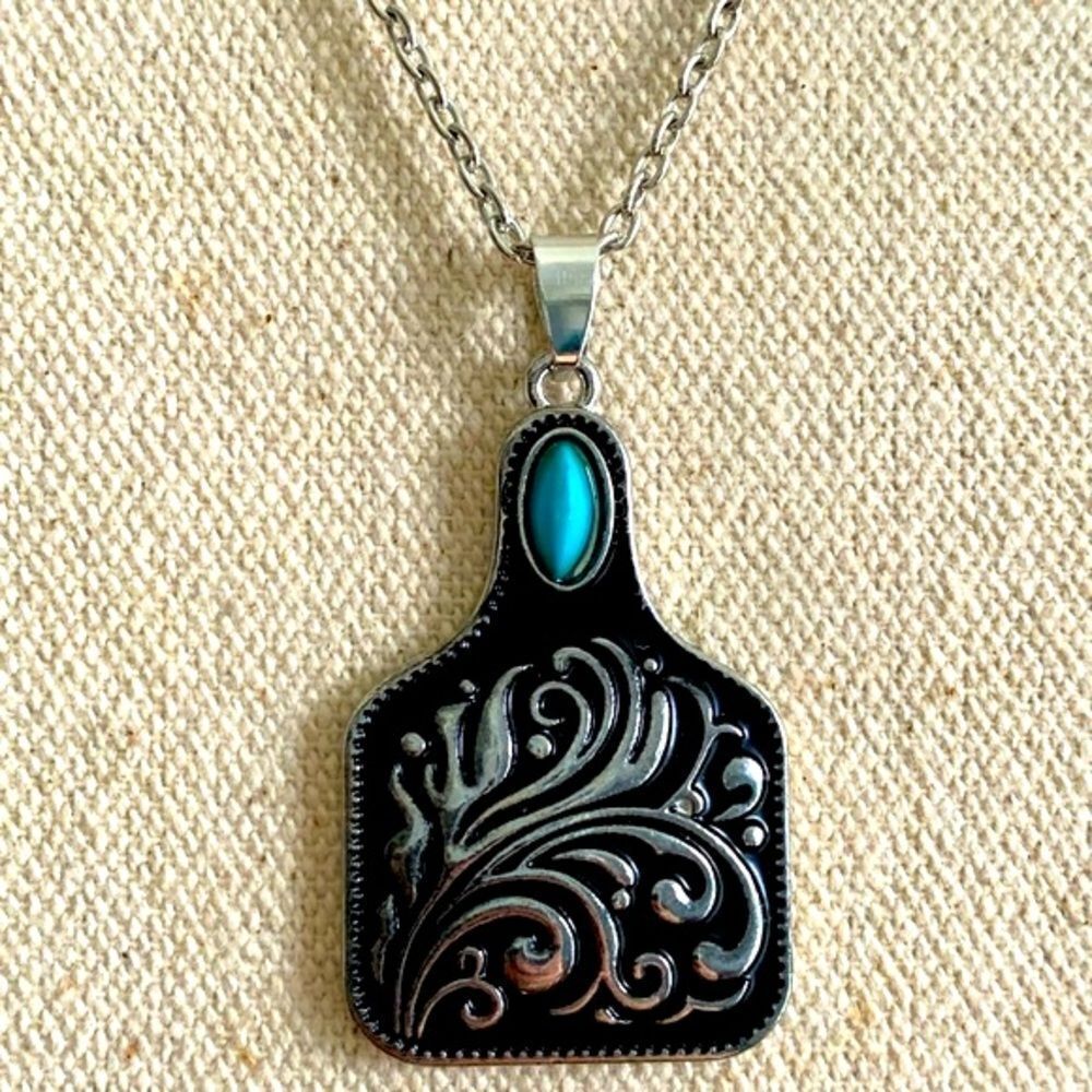 Western Cow Tag Pendant Necklace Silver Tone with Turquoise Accent